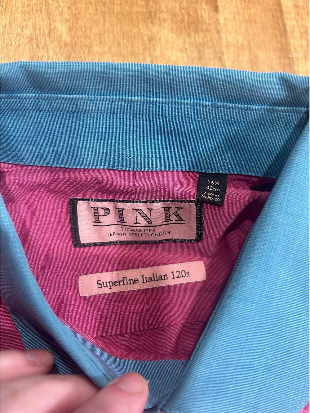 PINK Thomas Pink Men's Superfine Italian 120s Dress Shirt - Pink with Blue Contr
